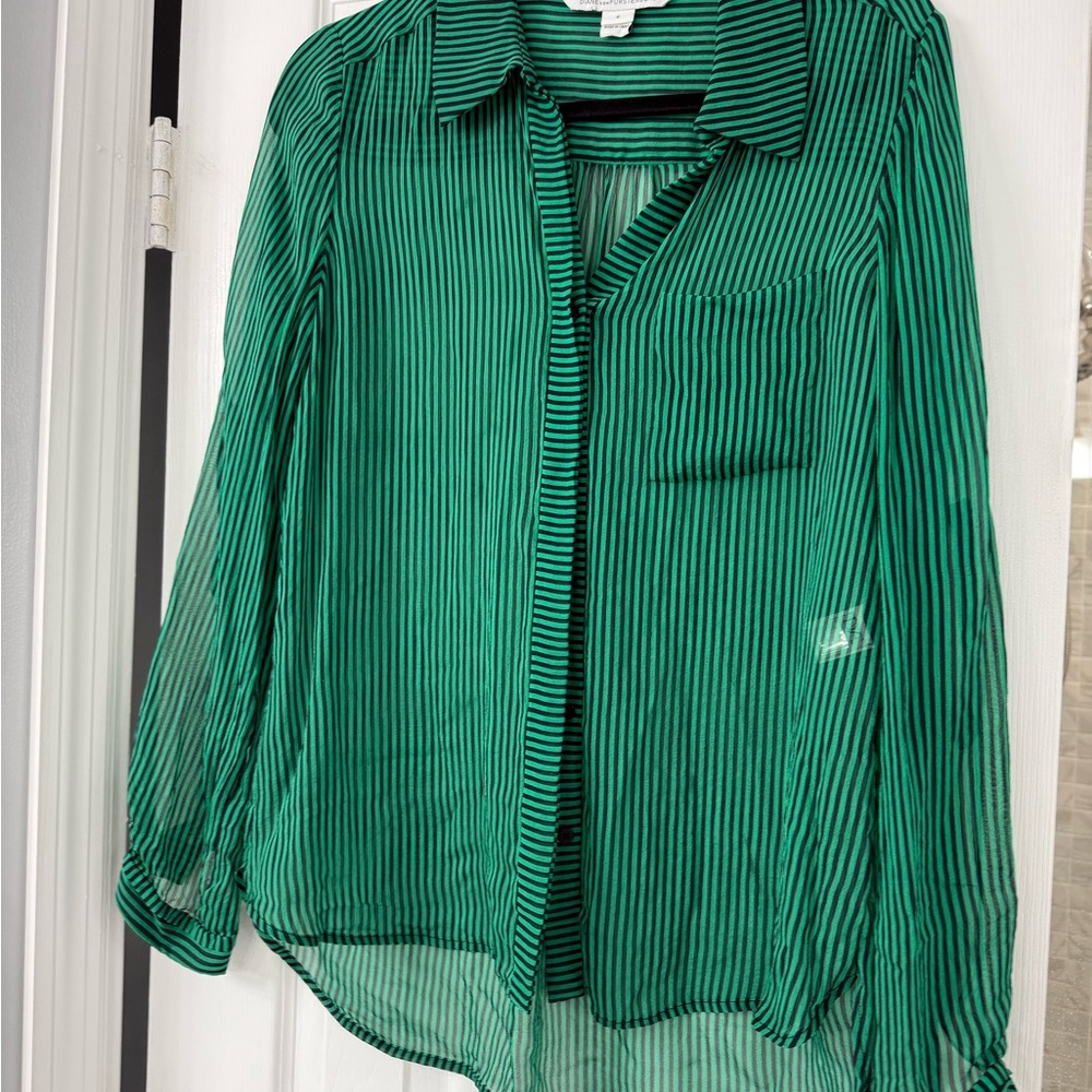 Diane Von Furstenberg Green Navy BlieStriped Button-Up Blouse Silk 8 Sheet